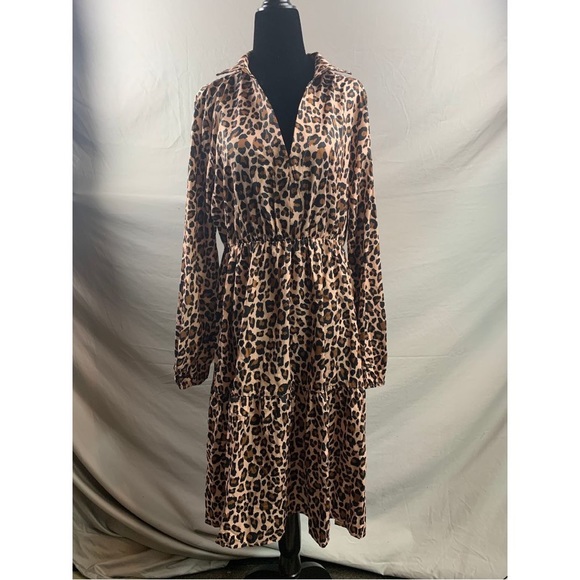 Leopard Print Lantern Sleeve Ruffle Hem Dress - Picture 4 of 5